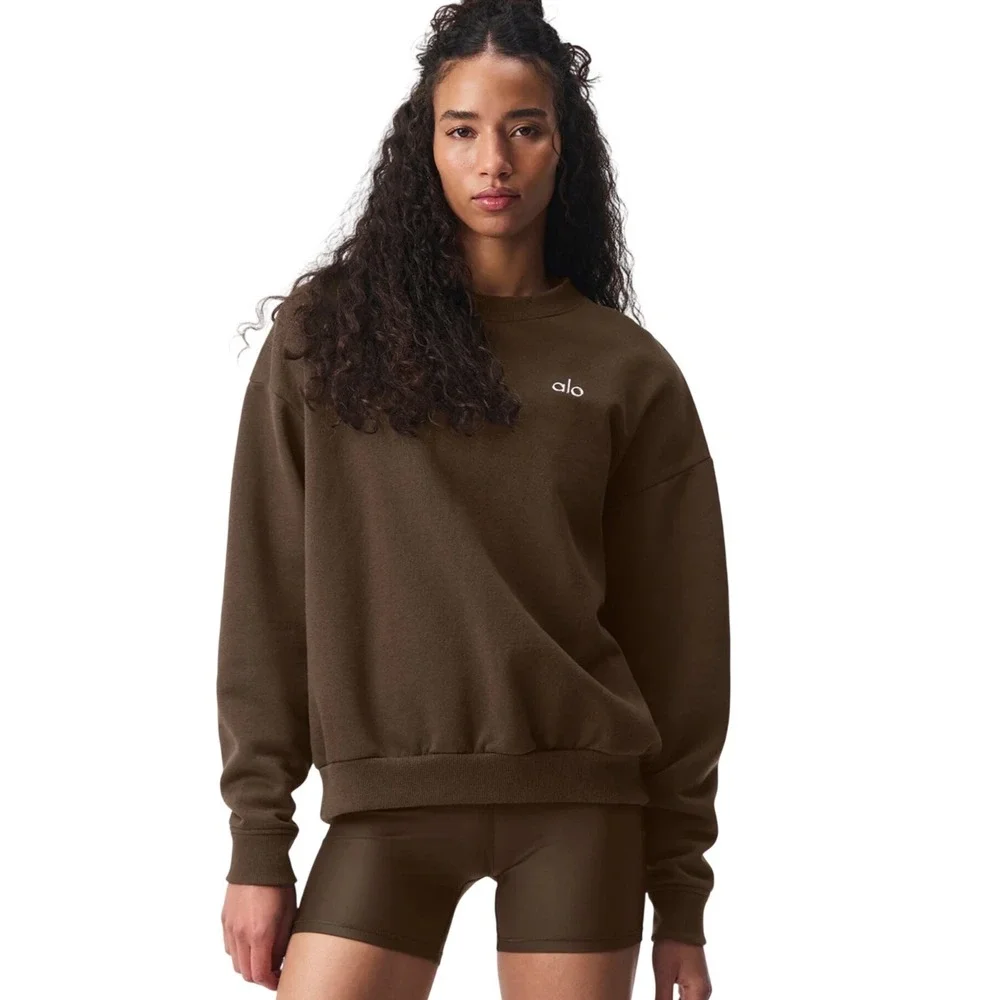 Alo Yoga Accolade Crew Neck Pullover Sweatshirt Espresso Brown Medium‎ NEW